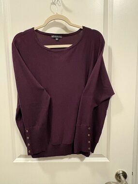 Adrianna Papell Deep Plum Crewneck Sweater with Button Cuffs